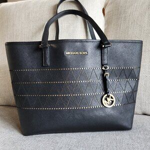 Michael Kors Jet Set travel perforated leather black carryall tote
